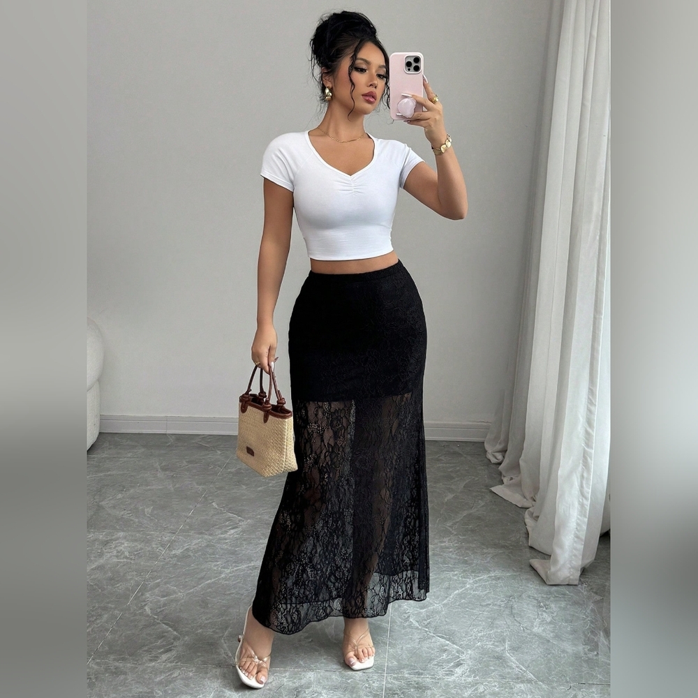 Women's Full Size Chic Black Lace Sheer Skirt - Picture 5 of 8